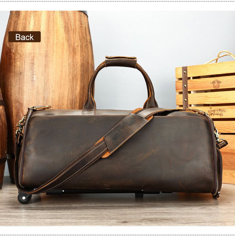 復古大容量帶滑輪瘋馬皮出差旅行包 高檔男士手提包旅行袋 新款手袋大容量商務出行行李袋西裝包推薦 真皮包包