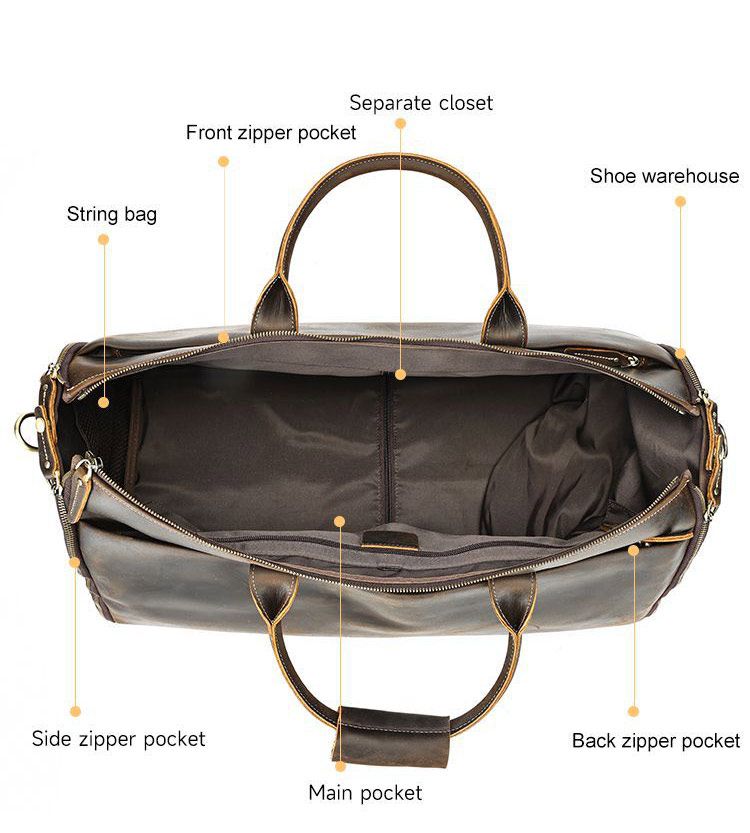 復古大容量帶滑輪瘋馬皮出差旅行包 高檔男士手提包旅行袋 新款手袋大容量商務出行行李袋西裝包推薦 真皮包包