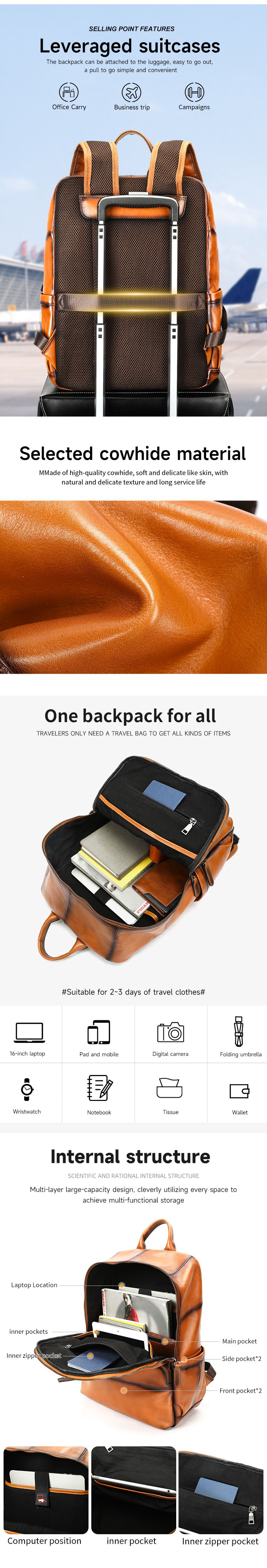 真皮男士後背包 高級感大容量擦色植鞣皮旅行包 男士頭層牛皮雙肩包 16吋筆電背包潮包推薦 真皮包包