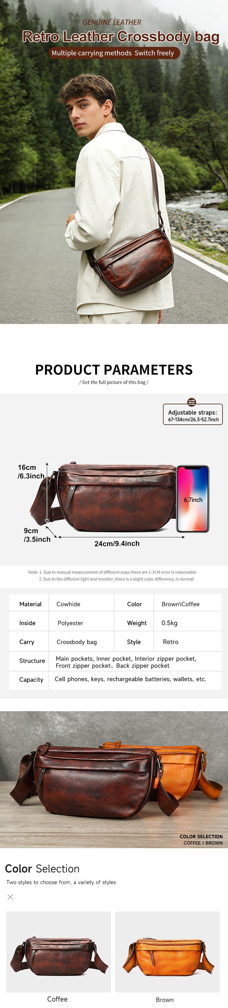 新款復古擦色斜背包 頭層牛皮男士斜挎單肩包 真皮斜挎包植鞣皮側背包男包推薦 真皮包包