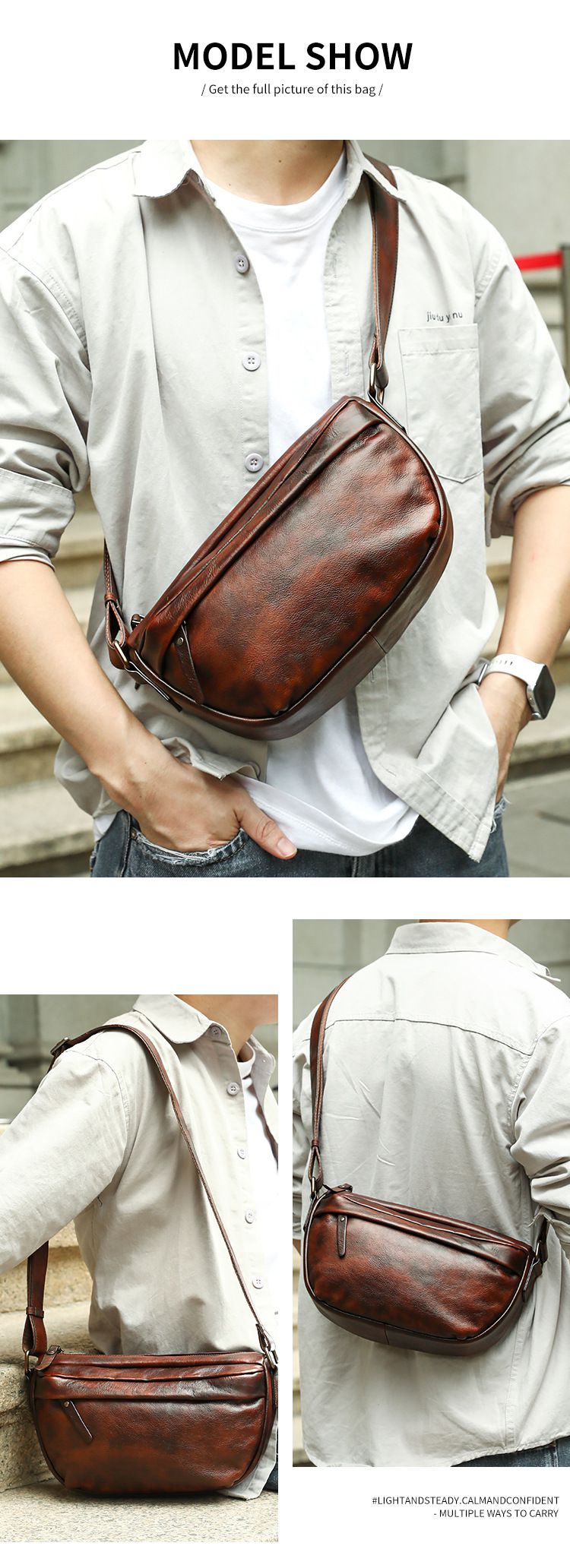 新款復古擦色斜背包 頭層牛皮男士斜挎單肩包 真皮斜挎包植鞣皮側背包男包推薦 真皮包包