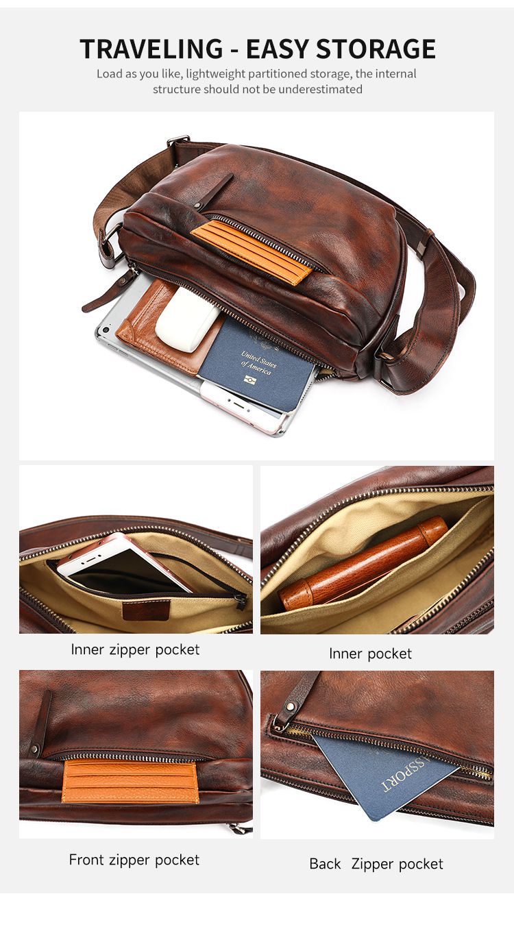 新款復古擦色斜背包 頭層牛皮男士斜挎單肩包 真皮斜挎包植鞣皮側背包男包推薦 真皮包包