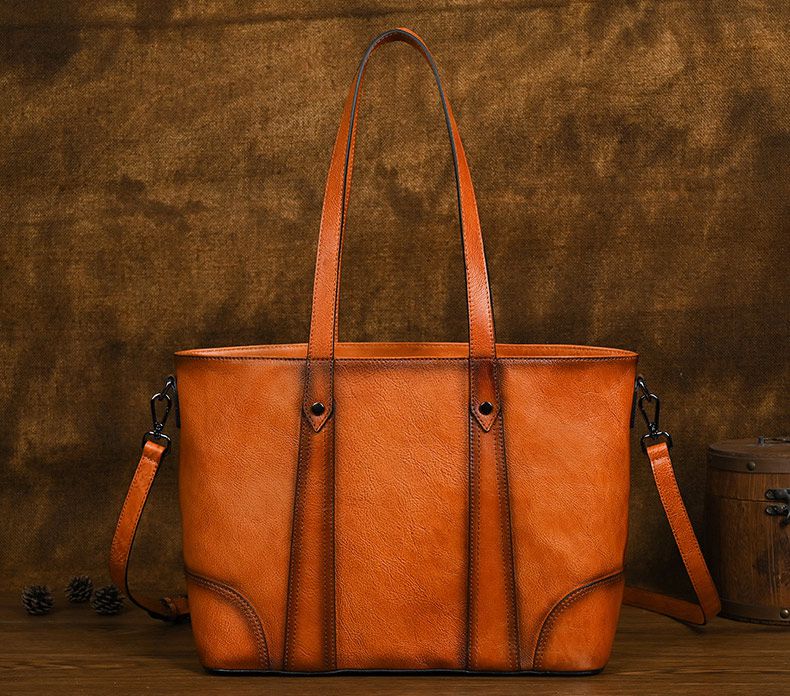 復古擦色手提包 女式新款高級感托特包 頭層牛皮斜背包購物手袋子母包 大容量單肩腋下包推薦 真皮包包