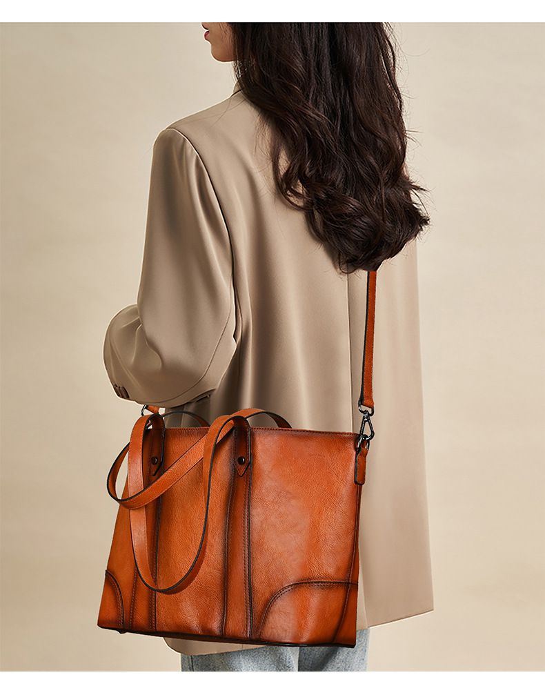 復古擦色手提包 女式新款高級感托特包 頭層牛皮斜背包購物手袋子母包 大容量單肩腋下包推薦 真皮包包