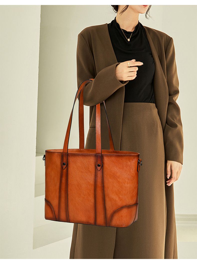 復古擦色手提包 女式新款高級感托特包 頭層牛皮斜背包購物手袋子母包 大容量單肩腋下包推薦 真皮包包