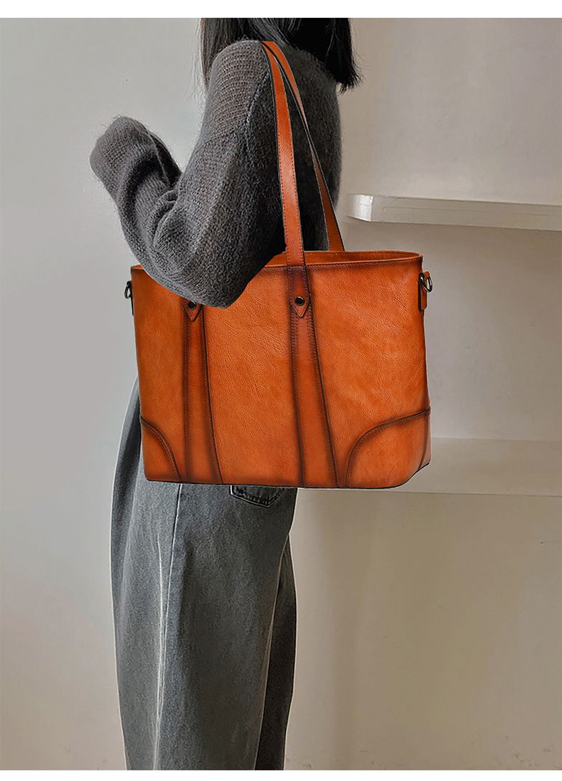 復古擦色手提包 女式新款高級感托特包 頭層牛皮斜背包購物手袋子母包 大容量單肩腋下包推薦 真皮包包