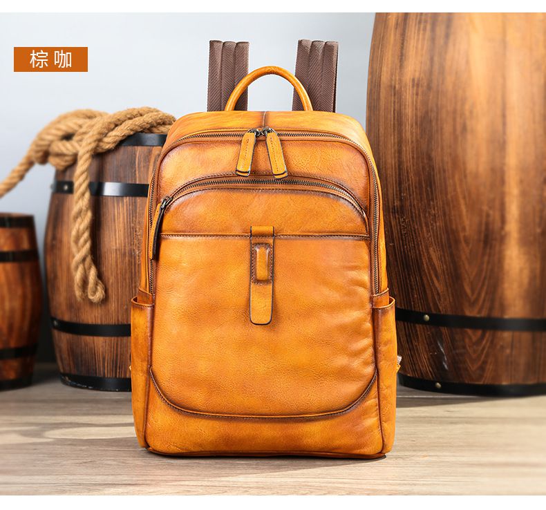 植鞣皮男士後背包 頭層牛皮電腦背包 大容量真皮雙肩背包 新款大學生書包旅行背包推薦