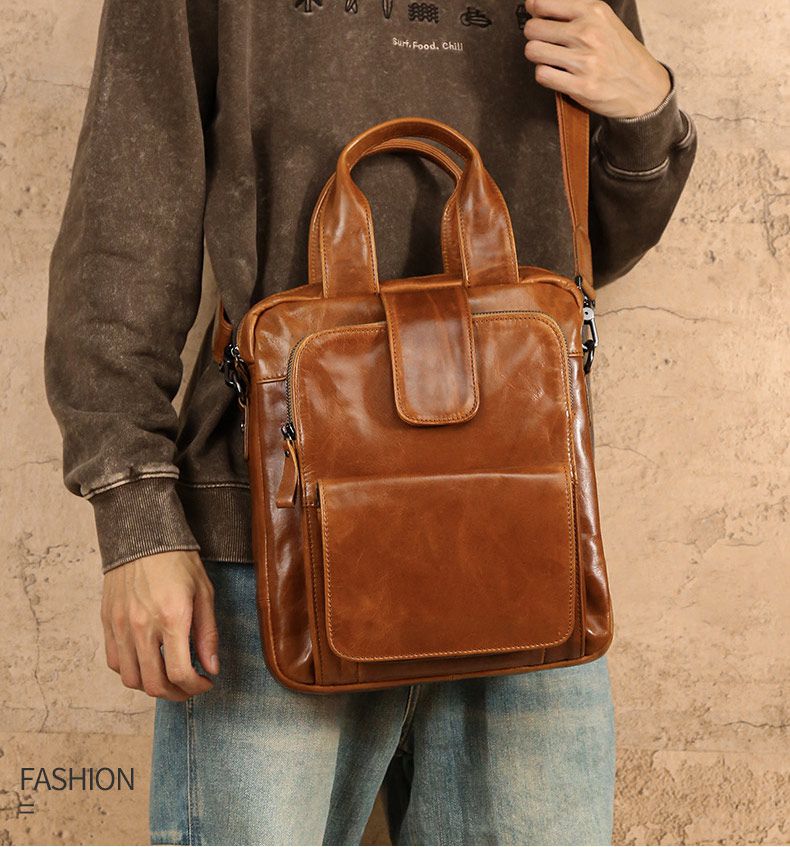 新款真皮斜挎包 多功能休閒手提包 通勤豎款手袋 復古斜背包大容量男士包包推薦 真皮包包