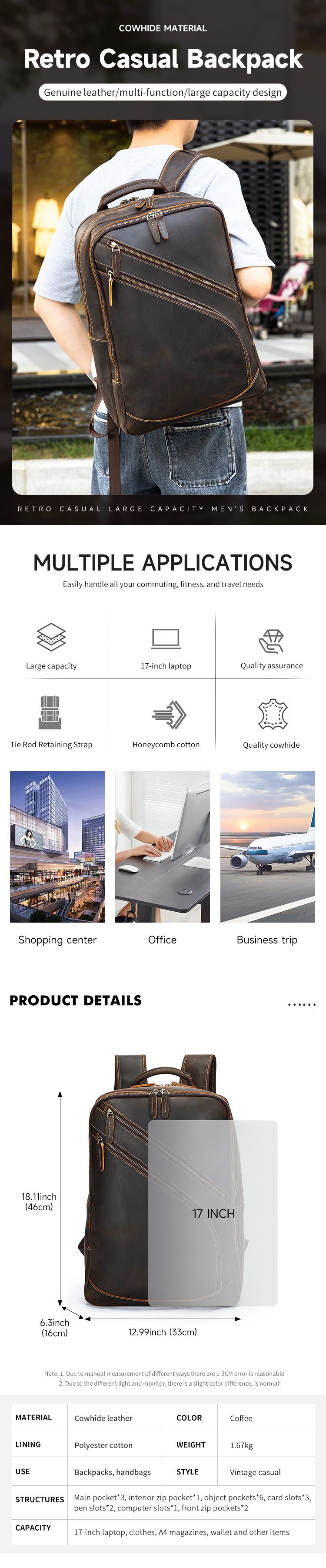 男式瘋馬皮雙肩包 頭層牛皮商務後背包 新款大容量男款高檔17吋電腦背包文件包推薦  真皮包包