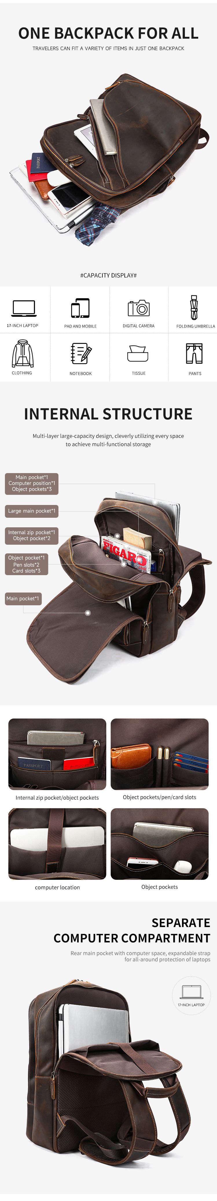 男式瘋馬皮雙肩包 頭層牛皮商務後背包 新款大容量男款高檔17吋電腦背包文件包推薦  真皮包包