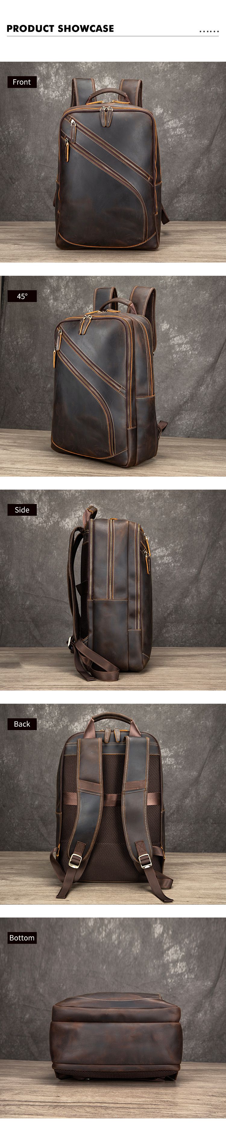 男式瘋馬皮雙肩包 頭層牛皮商務後背包 新款大容量男款高檔17吋電腦背包文件包推薦  真皮包包