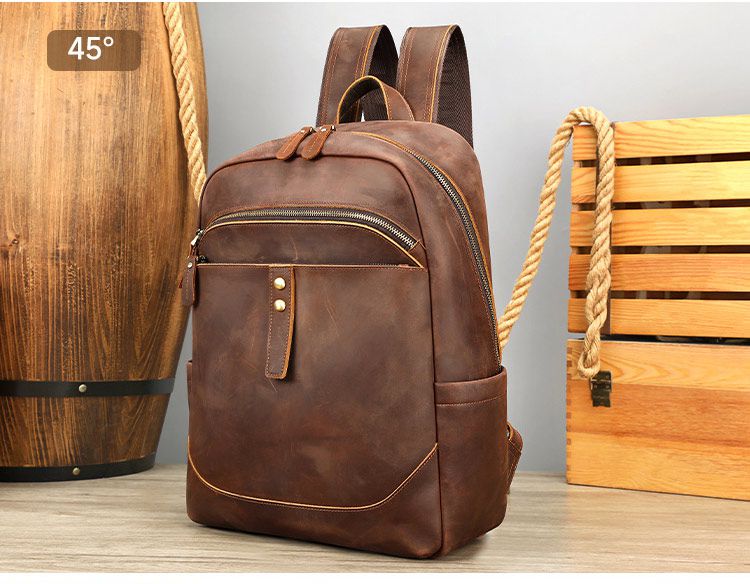 頭層牛皮商務雙肩包 瘋馬皮後背包 大學生書包 15吋電腦背包潮包 高級感時尚簡約真皮旅行包推薦  真皮包包