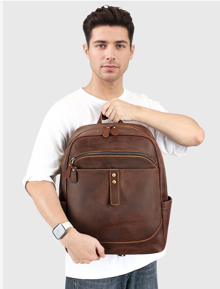 頭層牛皮商務雙肩包 瘋馬皮後背包 大學生書包 15吋電腦背包潮包 高級感時尚簡約真皮旅行包推薦  真皮包包