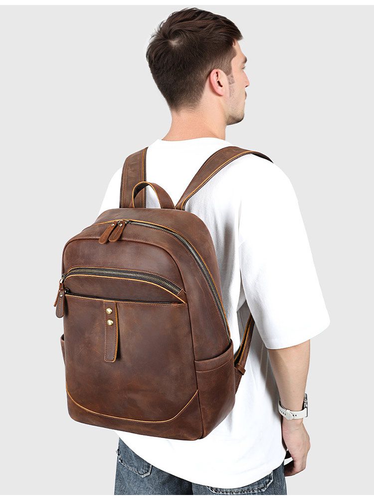 頭層牛皮商務雙肩包 瘋馬皮後背包 大學生書包 15吋電腦背包潮包 高級感時尚簡約真皮旅行包推薦  真皮包包