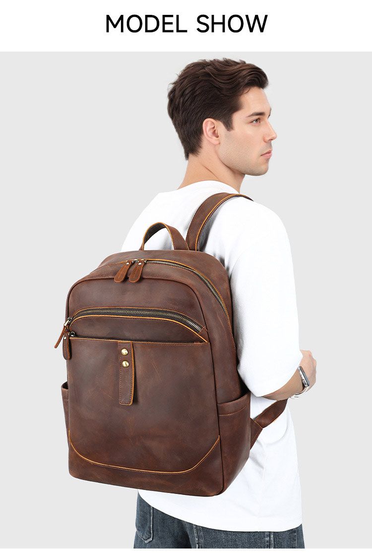 頭層牛皮商務雙肩包 瘋馬皮後背包 大學生書包 15吋電腦背包潮包 高級感時尚簡約真皮旅行包推薦  真皮包包