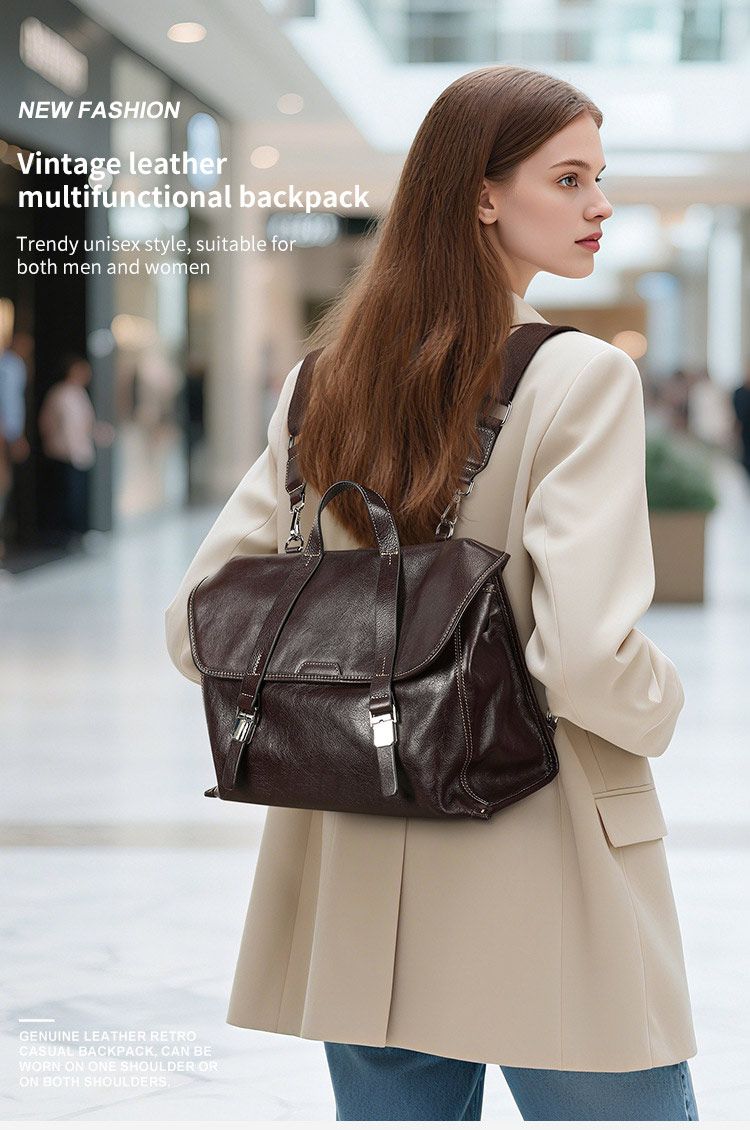 多功能男女款後背包 真皮時尚雙肩包 大容量橫款包蓋式學生書包 潮包手提包真皮包包推薦 真皮包包