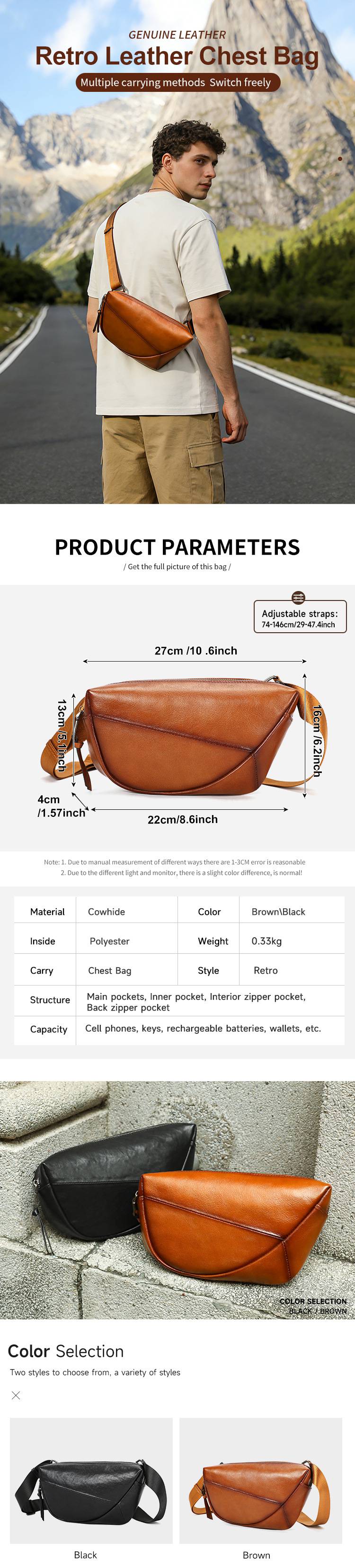 復古擦色胸包 真皮腰包 男士胸前包 休閒簡約頭層牛皮馬鞍包 大容量斜挎包潮包推薦 真皮包包