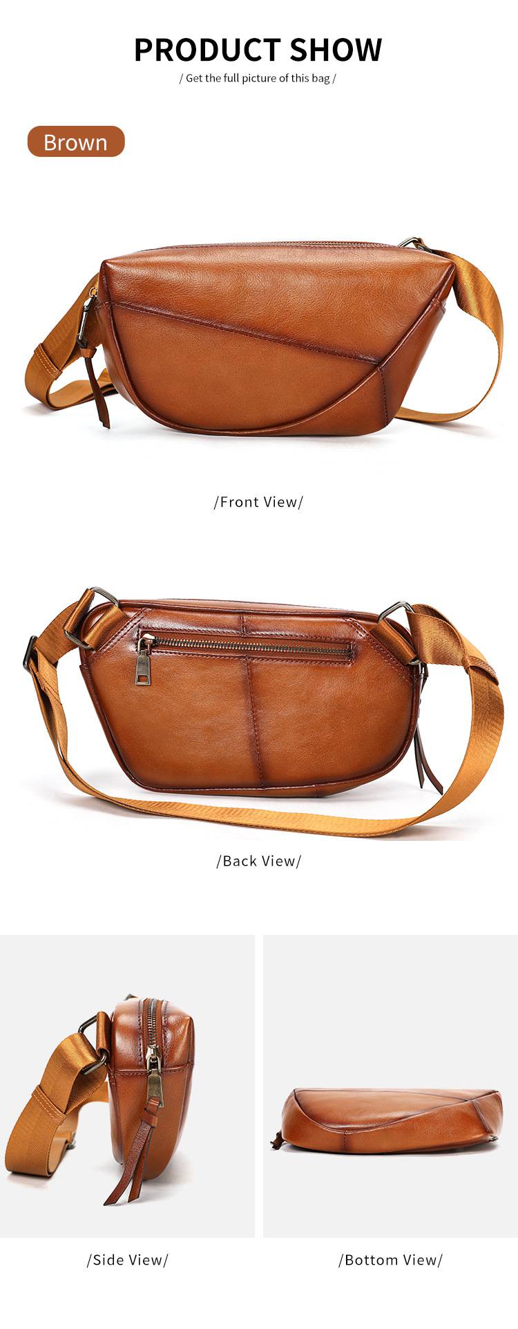 復古擦色胸包 真皮腰包 男士胸前包 休閒簡約頭層牛皮馬鞍包 大容量斜挎包潮包推薦 真皮包包