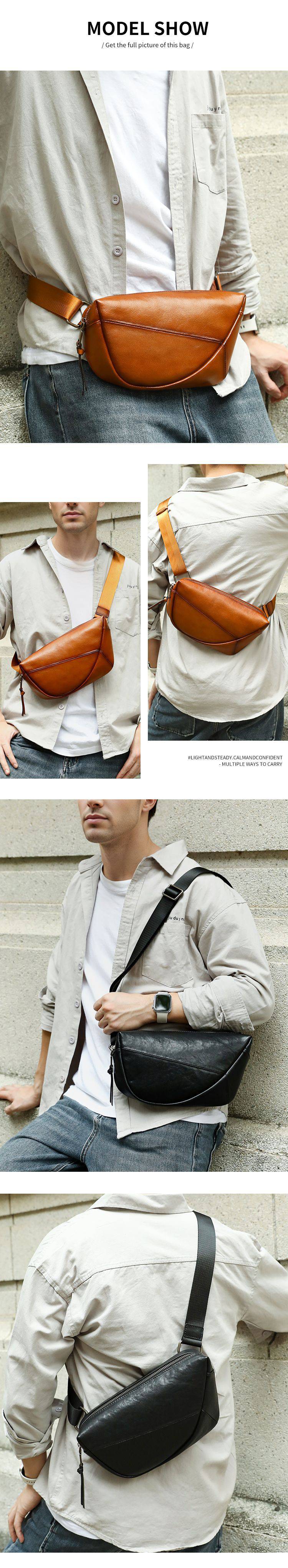 復古擦色胸包 真皮腰包 男士胸前包 休閒簡約頭層牛皮馬鞍包 大容量斜挎包潮包推薦 真皮包包