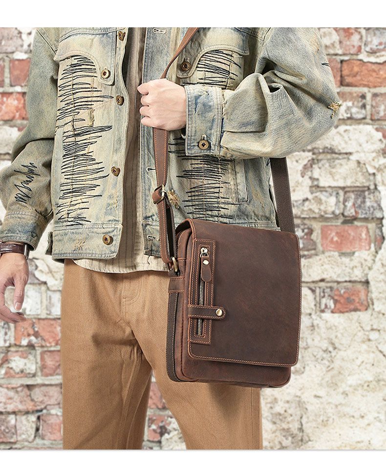 新款瘋馬皮斜背包 真皮單肩斜挎包 休閒通勤復古男包 多功能豎款拉鏈包包單肩包推薦 真皮包包