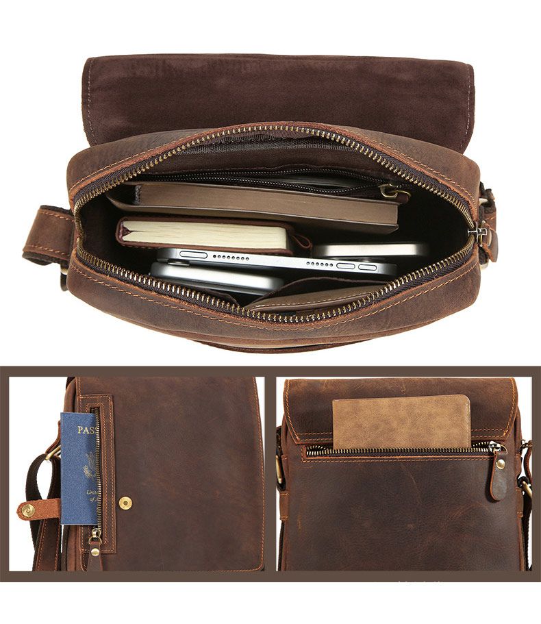 新款瘋馬皮斜背包 真皮單肩斜挎包 休閒通勤復古男包 多功能豎款拉鏈包包單肩包推薦 真皮包包