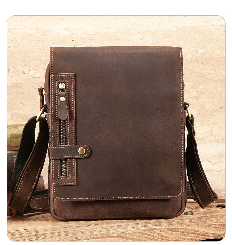 新款瘋馬皮斜背包 真皮單肩斜挎包 休閒通勤復古男包 多功能豎款拉鏈包包單肩包推薦 真皮包包