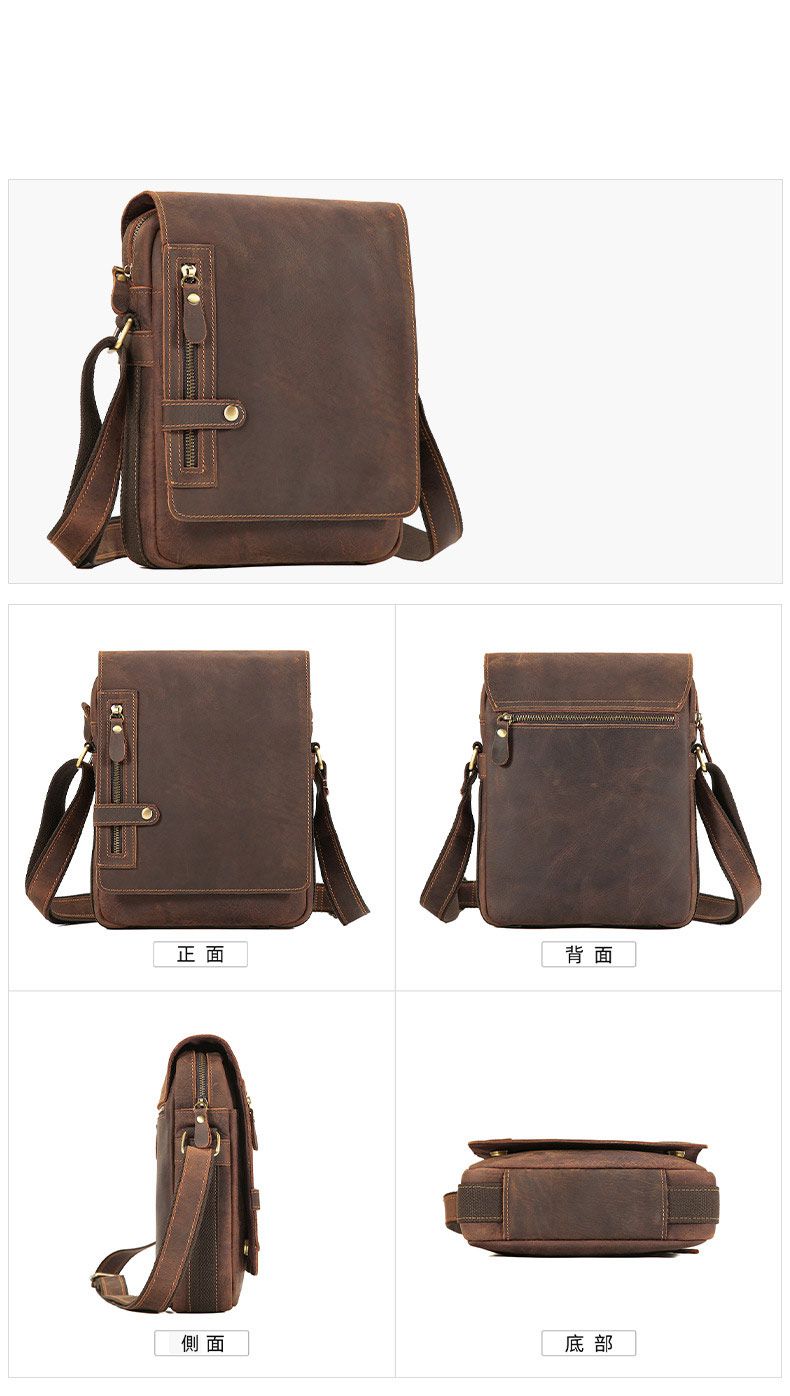 新款瘋馬皮斜背包 真皮單肩斜挎包 休閒通勤復古男包 多功能豎款拉鏈包包單肩包推薦 真皮包包