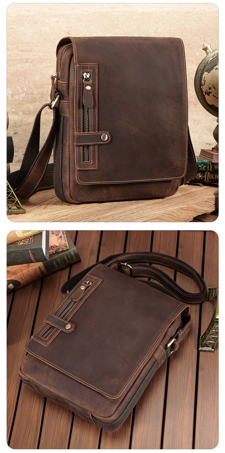 新款瘋馬皮斜背包 真皮單肩斜挎包 休閒通勤復古男包 多功能豎款拉鏈包包單肩包推薦 真皮包包