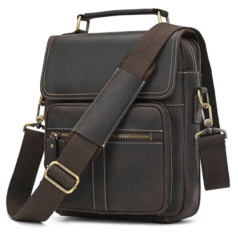 瘋馬皮斜背包 頭層牛皮手提包 商務公事包手袋側背包斜跨包 休閑背包新款真皮包包推薦 真皮包包