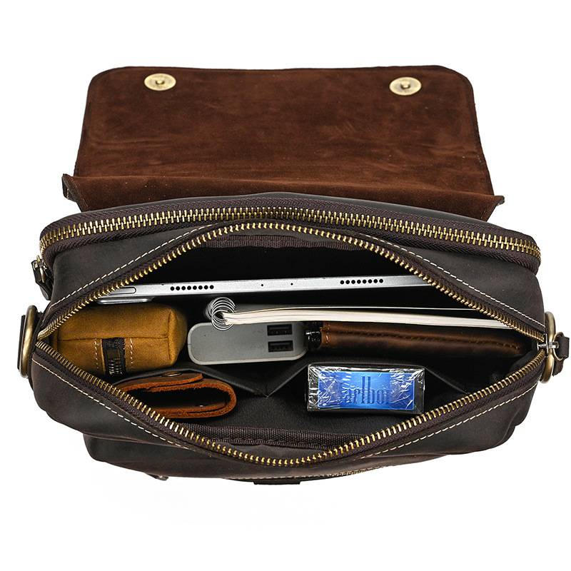 瘋馬皮斜背包 頭層牛皮手提包 商務公事包手袋側背包斜跨包 休閑背包新款真皮包包推薦 真皮包包