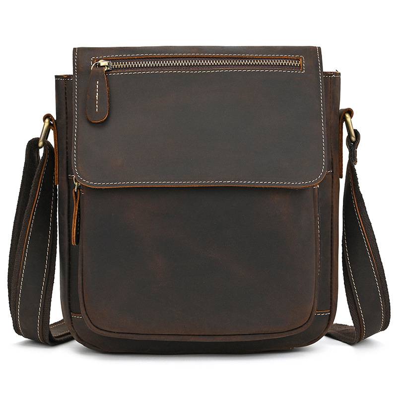 新款復古男士單肩包 瘋馬皮郵差包斜背包 真皮側背包斜挎包 頭層牛皮旅行斜跨包推薦 真皮包包