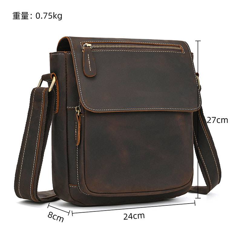 新款復古男士單肩包 瘋馬皮郵差包斜背包 真皮側背包斜挎包 頭層牛皮旅行斜跨包推薦 真皮包包