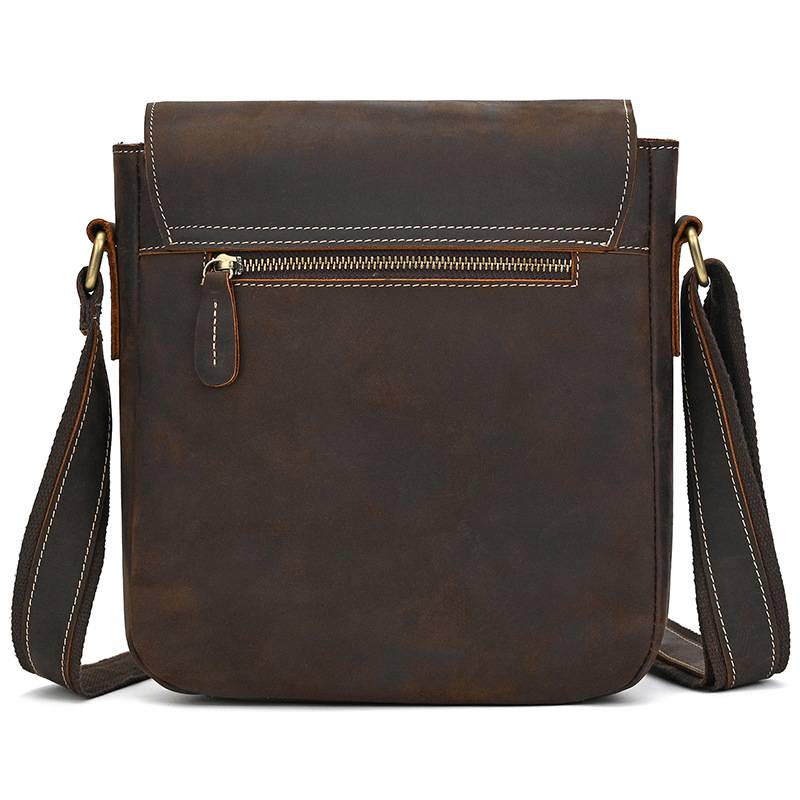 新款復古男士單肩包 瘋馬皮郵差包斜背包 真皮側背包斜挎包 頭層牛皮旅行斜跨包推薦 真皮包包