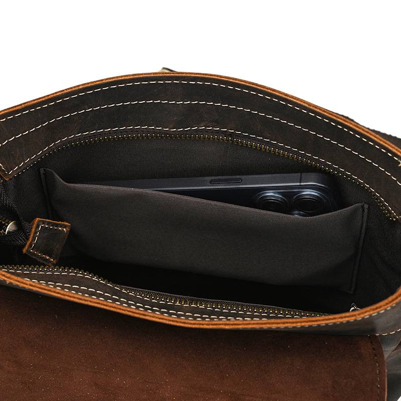 新款復古男士單肩包 瘋馬皮郵差包斜背包 真皮側背包斜挎包 頭層牛皮旅行斜跨包推薦 真皮包包