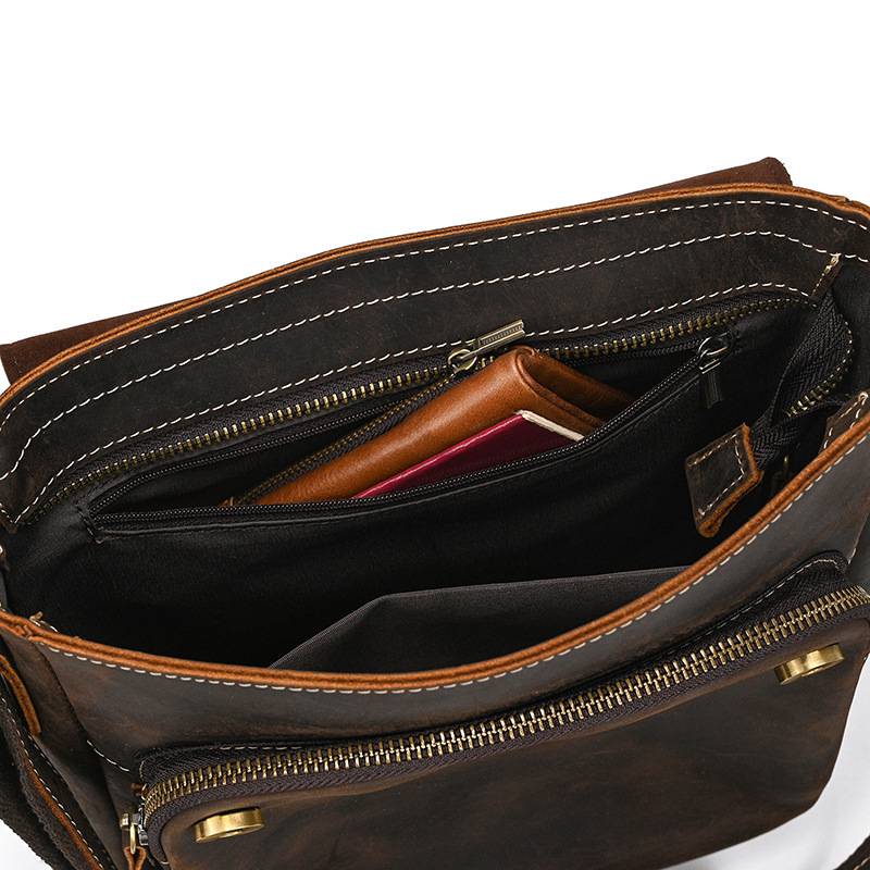 新款復古男士單肩包 瘋馬皮郵差包斜背包 真皮側背包斜挎包 頭層牛皮旅行斜跨包推薦 真皮包包