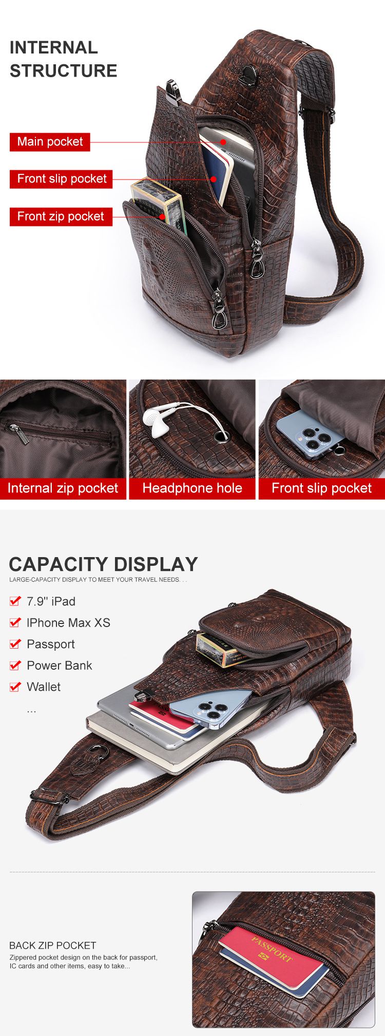 鱷魚紋斜跨胸包 頭層牛皮街頭潮流斜背包 男士手機包斜跨肩背包 真皮單肩包推薦 真皮包包
