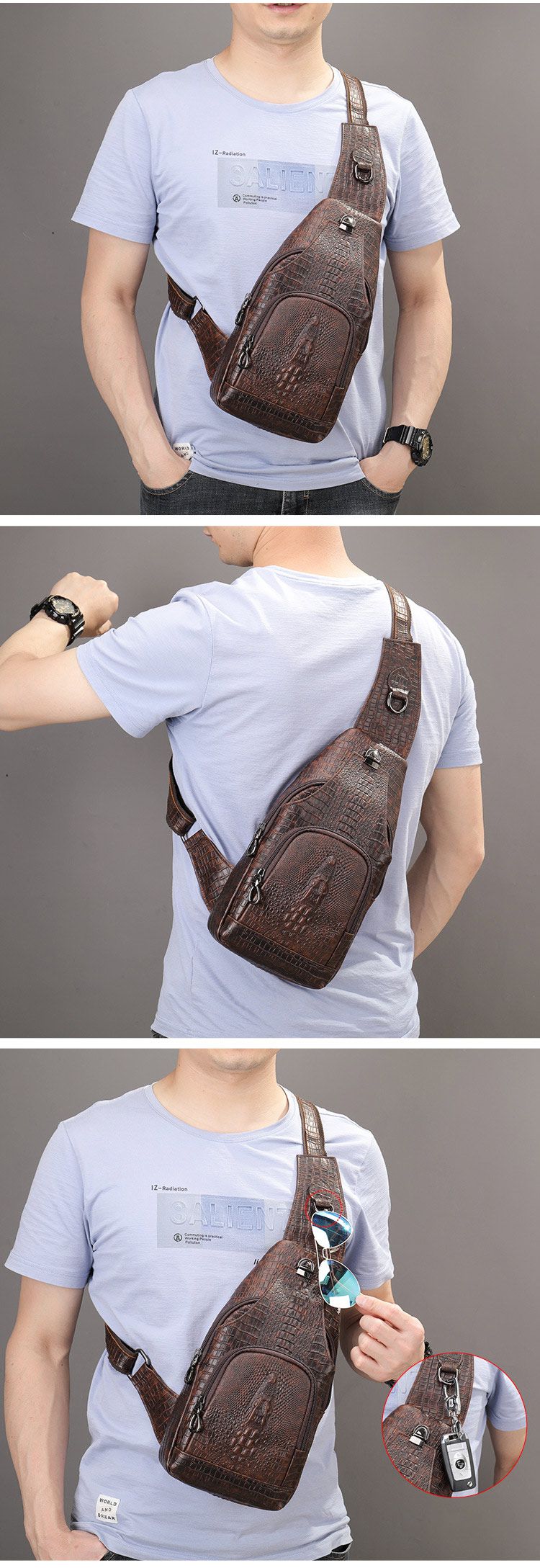 鱷魚紋斜跨胸包 頭層牛皮街頭潮流斜背包 男士手機包斜跨肩背包 真皮單肩包推薦 真皮包包