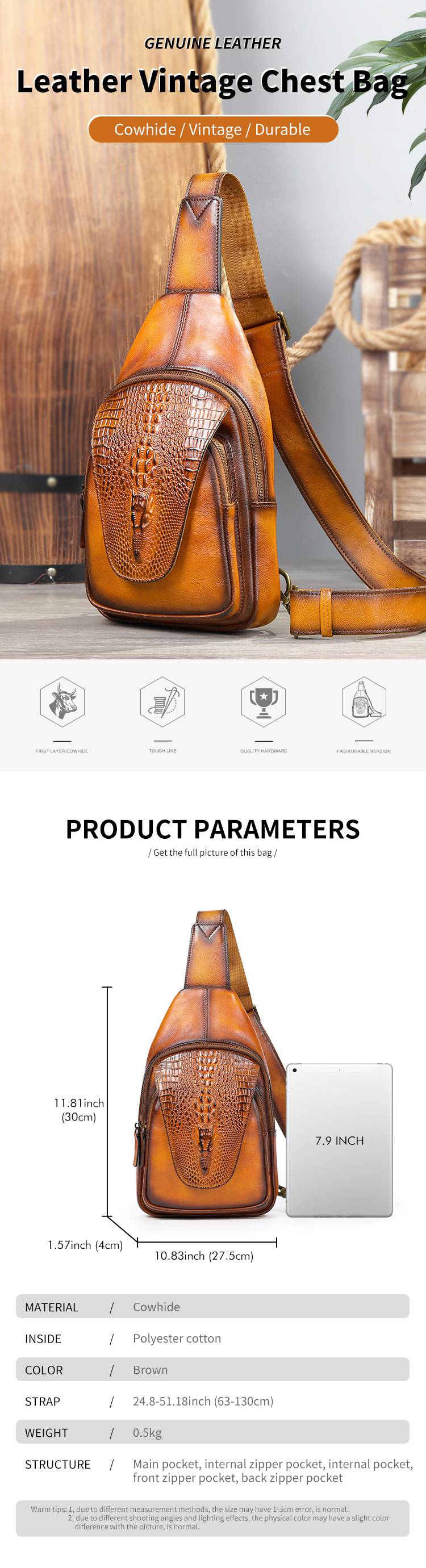 男士鱷魚紋擦色胸包 真皮休閒牛皮斜背包 大容量單肩斜挎包 運動戶外高級感胸前包男包推薦 真皮包包