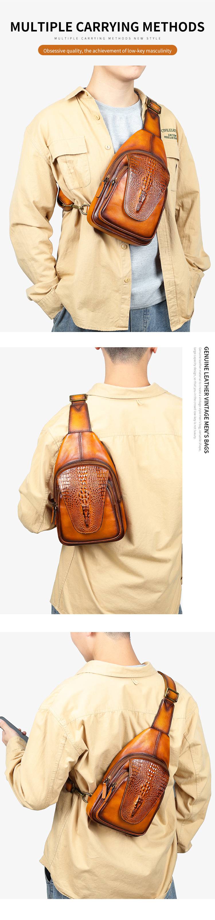 男士鱷魚紋擦色胸包 真皮休閒牛皮斜背包 大容量單肩斜挎包 運動戶外高級感胸前包男包推薦 真皮包包