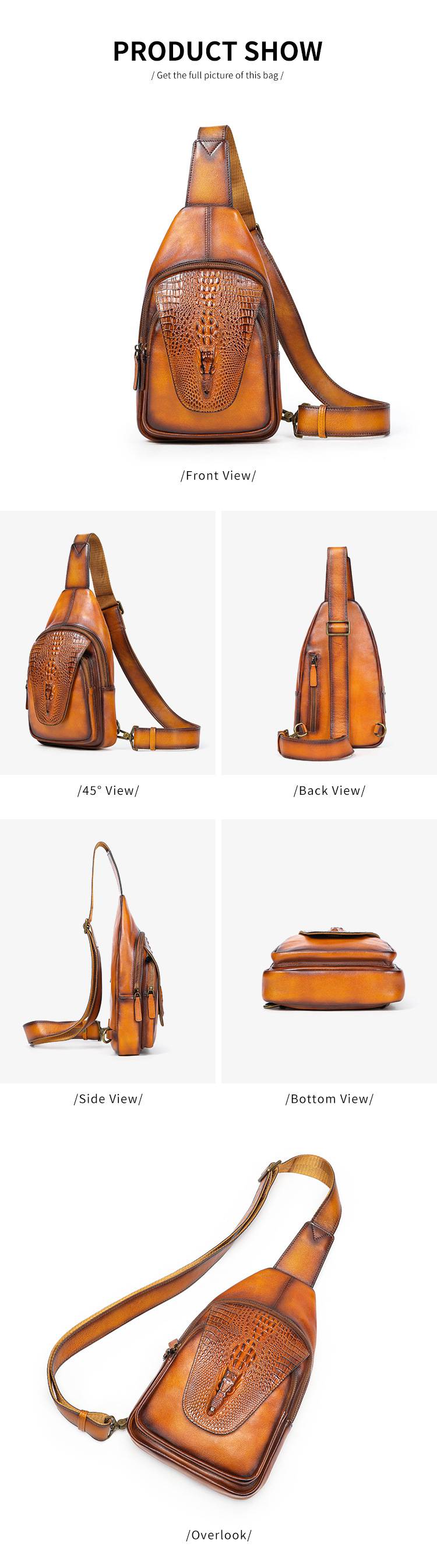 男士鱷魚紋擦色胸包 真皮休閒牛皮斜背包 大容量單肩斜挎包 運動戶外高級感胸前包男包推薦 真皮包包