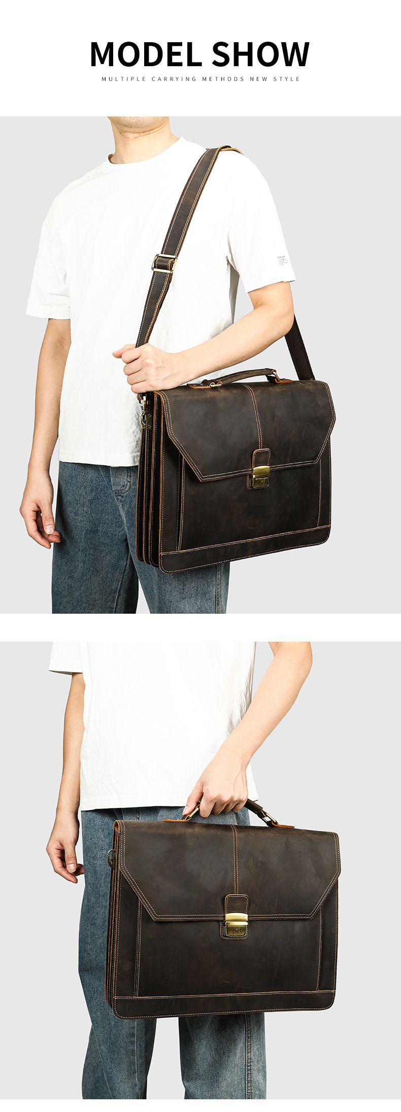 頭層牛皮公事包 男士手袋斜背包公文包 高檔蓋式商務電腦包 瘋馬皮16吋筆電包手提包推薦 真皮包包