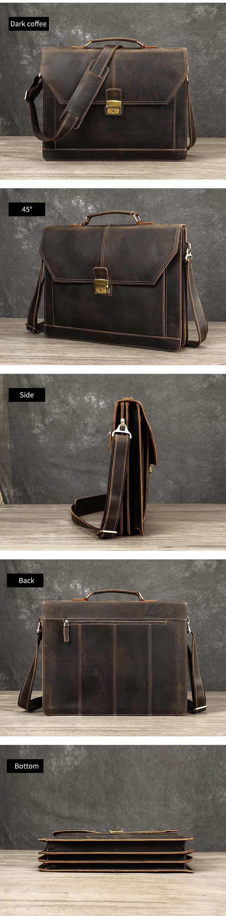 頭層牛皮公事包 男士手袋斜背包公文包 高檔蓋式商務電腦包 瘋馬皮16吋筆電包手提包推薦 真皮包包