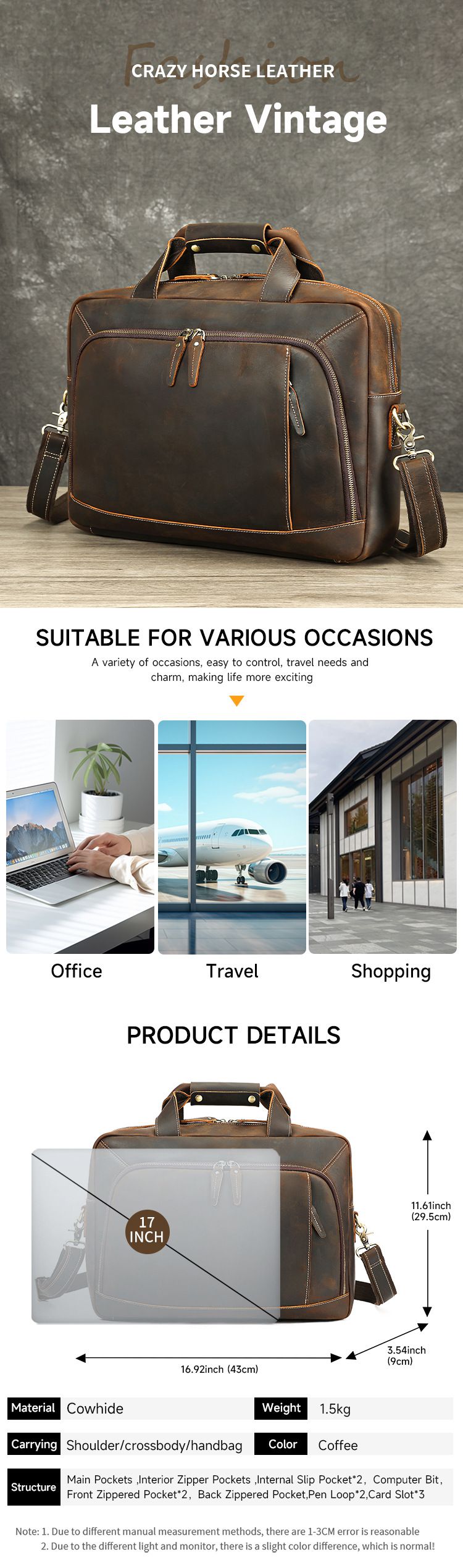 真皮大容量17吋筆電包 商務公文包 高級手工瘋馬皮手提包公事包手袋 簡約電腦文件包男推薦 真皮包包
