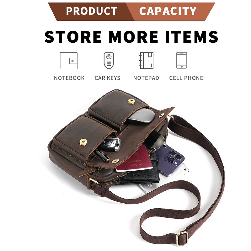 復古瘋馬皮單肩包 新款大容量頭層牛皮斜挎包 加寬減壓肩帶時尚通勤休閒包斜背包推薦 真皮包包