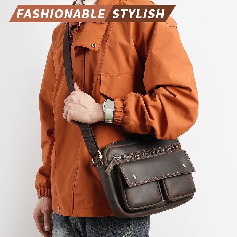 復古瘋馬皮單肩包 新款大容量頭層牛皮斜挎包 加寬減壓肩帶時尚通勤休閒包斜背包推薦 真皮包包