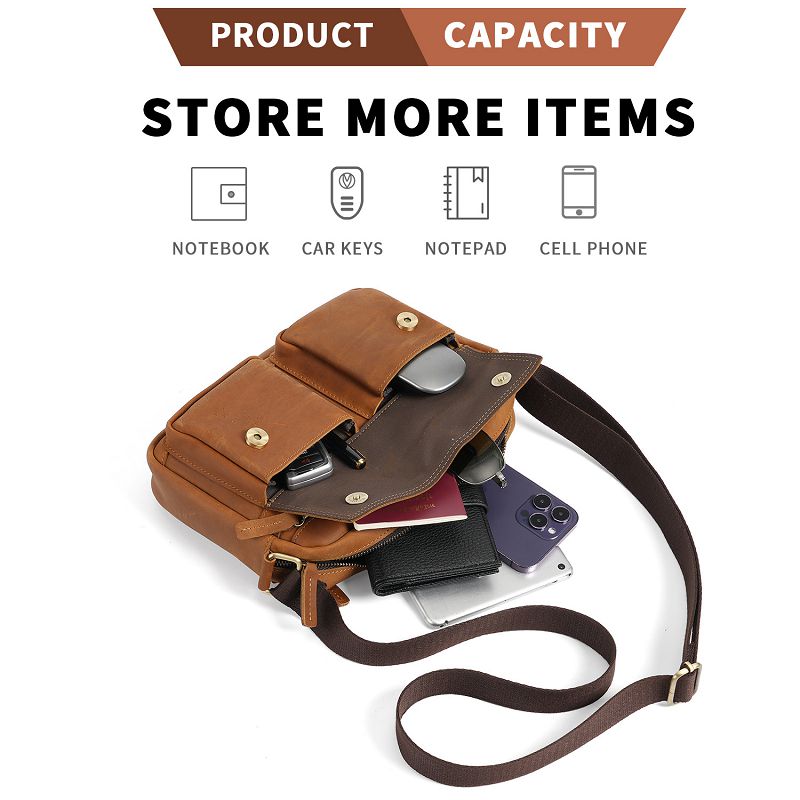 復古瘋馬皮單肩包 新款大容量頭層牛皮斜挎包 加寬減壓肩帶時尚通勤休閒包斜背包推薦 真皮包包