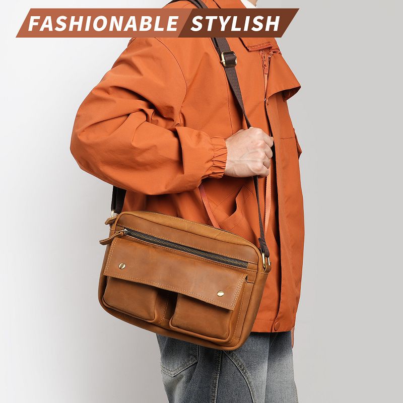 復古瘋馬皮單肩包 新款大容量頭層牛皮斜挎包 加寬減壓肩帶時尚通勤休閒包斜背包推薦 真皮包包