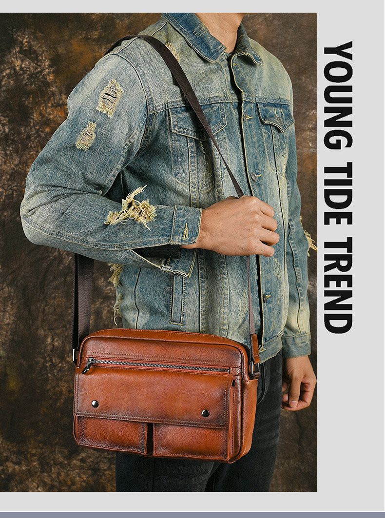 男士復古植鞣皮單肩包斜挎包 真皮男包 歐美新款小眾做舊斜背包 頭層牛皮肩背包推薦 真皮包包