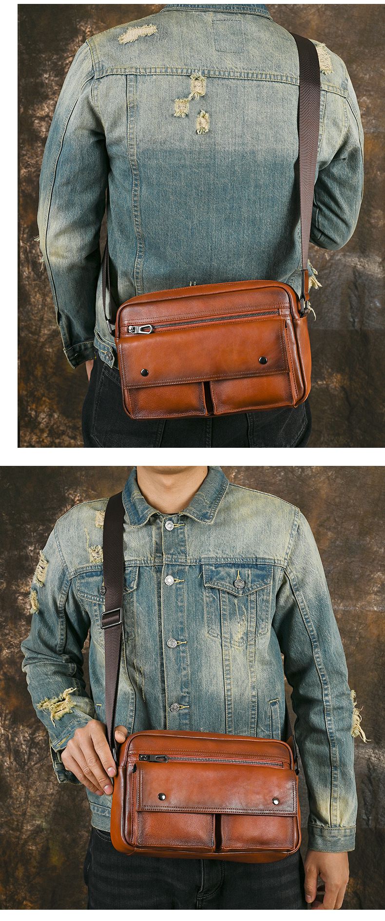 男士復古植鞣皮單肩包斜挎包 真皮男包 歐美新款小眾做舊斜背包 頭層牛皮肩背包推薦 真皮包包