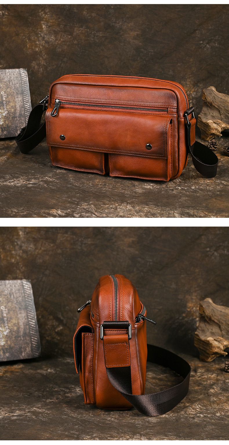 男士復古植鞣皮單肩包斜挎包 真皮男包 歐美新款小眾做舊斜背包 頭層牛皮肩背包推薦 真皮包包